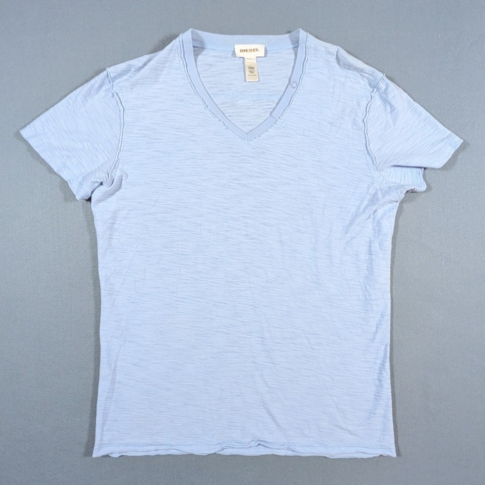 Diesel T-Shirt Mens Large Light Blue V-Neck Slub Cotton Y2K